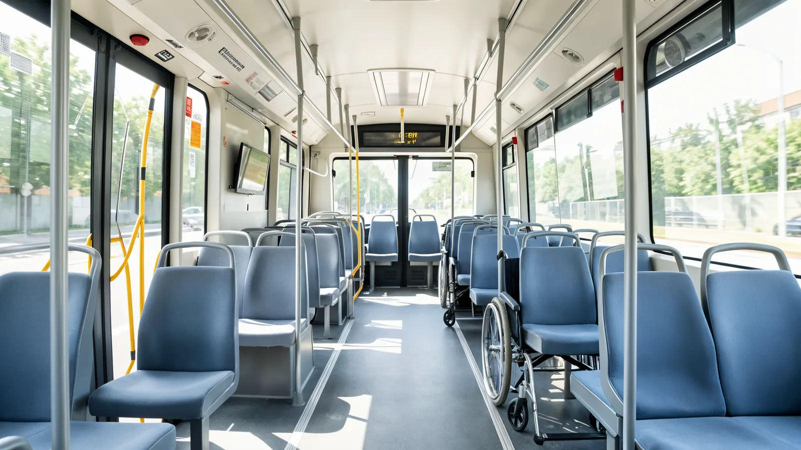 Světlý bezbariérový interiér koncepčního nízkopodlažního autobusu